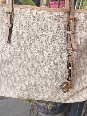 Michael Kors Cream Beige MK Logo Tote with Gold Charm